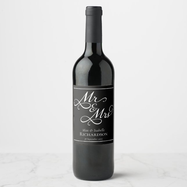 Rótulo De Garrafa De Cerveja Casamento Elegante de Script Branco e Preto (Frente)
