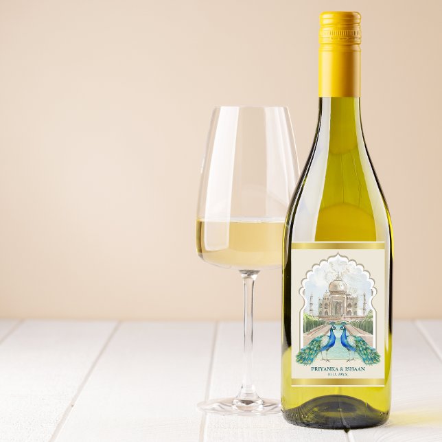 Rótulo De Garrafa De Cerveja Casamento Estético Dourado Taj Mahal, Peacock Indi (Indian Wedding Gold Peacock Taj Mahal Custom Wine Label)