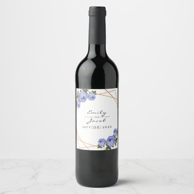 Rótulo De Garrafa De Cerveja Casamento Floral Azul Geométrico Dourado Elegante (Frente)