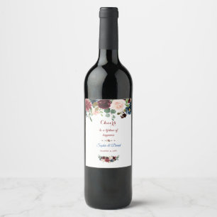 Rótulo De Garrafa De Cerveja Casamento Floral Azul-Marinho de Merlot Elegante