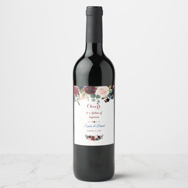 Rótulo De Garrafa De Cerveja Casamento Floral Azul-Marinho de Merlot Elegante (Frente)