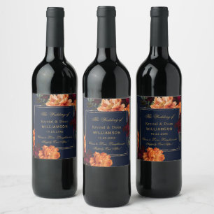 Rótulo De Garrafa De Cerveja Casamento Floral Azul Naval Laranja Queimada Borgo