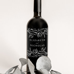 Rótulo De Garrafa De Cerveja Casamento Floral Branco e Preto Escrito