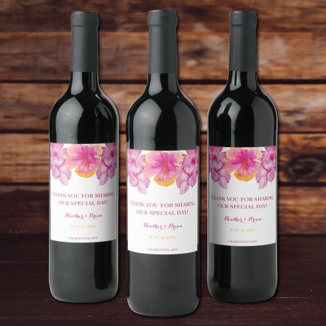 Rótulo De Garrafa De Cerveja Casamento Floral de Hibiscus Brugado (Brushed Hibiscus Floral Wedding Wine Labels)