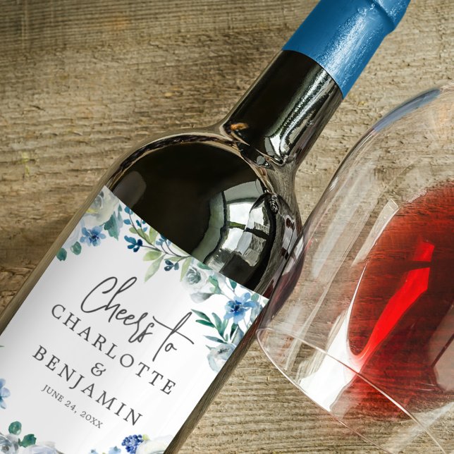 Rótulo De Garrafa De Cerveja Casamento Floral de Pena Azul Elegante Personaliza (Criador carregado)