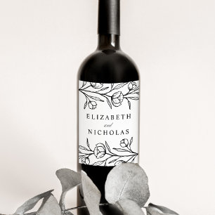 Rótulo De Garrafa De Cerveja Casamento Floral Desenhado Preto e Branco