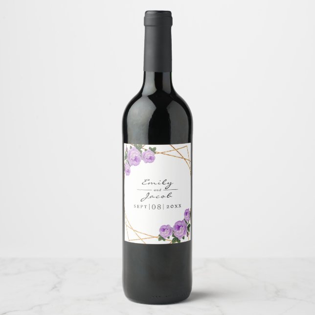Rótulo De Garrafa De Cerveja Casamento Floral Dourado Elegante Geo Purple (Frente)