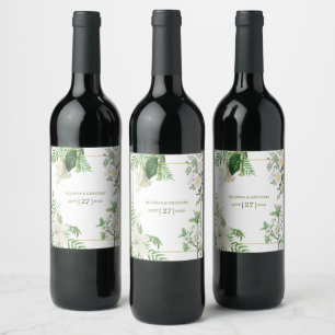 Rótulo De Garrafa De Cerveja Casamento Floral Dourado em Aquarela Verde Branco