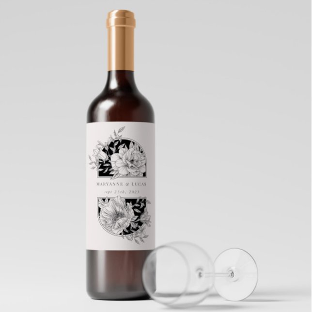 Rótulo De Garrafa De Cerveja Casamento Floral Elegante Negro e Branco (Criador carregado)