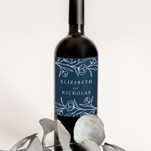 Rótulo De Garrafa De Cerveja Casamento Floral Esboçado Azul Marinho