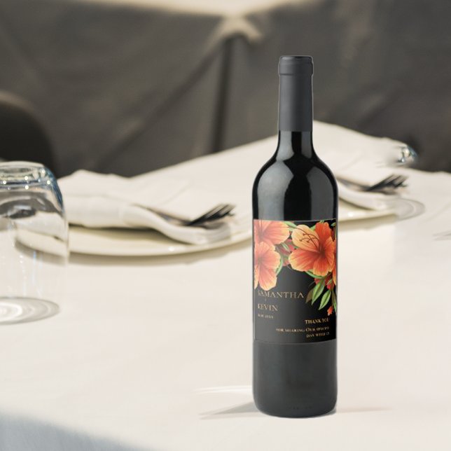 Rótulo De Garrafa De Cerveja Casamento Floral Laranja Laranja Aquarela Obrigado (Watercolor Orange Floral Wedding Thank You Wine Label)