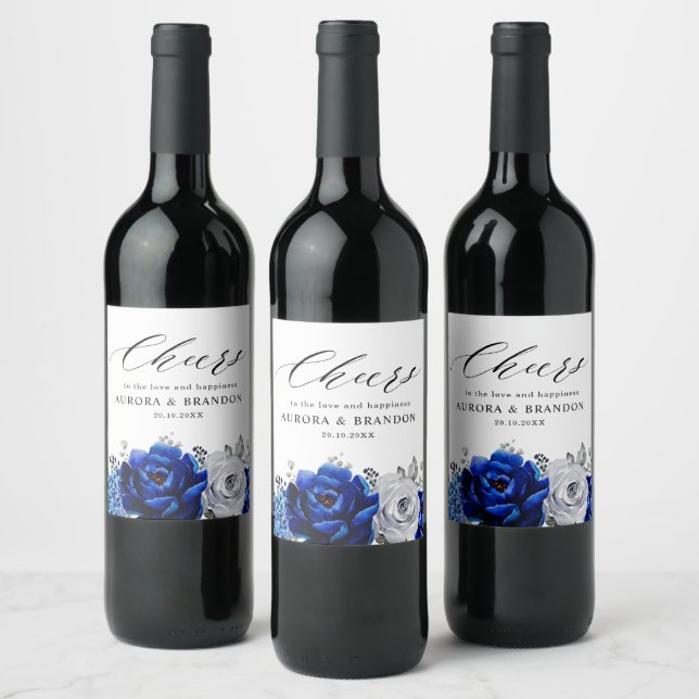 Rótulo De Garrafa De Cerveja Casamento Floral Metálico Real Blue Silver (Garrafas)