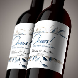 Rótulo De Garrafa De Cerveja Casamento Floral Moderno Azul Dourado Elegante