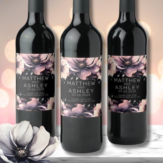 Rótulo De Garrafa De Cerveja Casamento Floral Negro Rosa-Elegante Moderno (Unique Modern Elegant Floral Pink Black Wedding Wine Label)