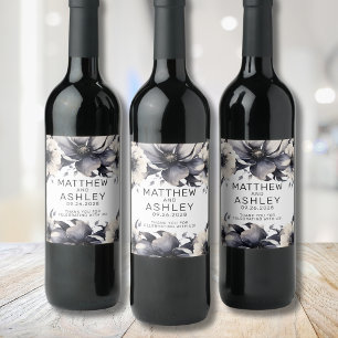 Rótulo De Garrafa De Cerveja Casamento Floral Preto Branco Elegante