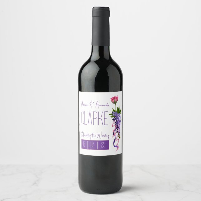 Rótulo De Garrafa De Cerveja Casamento floral rosa e roxo (Frente)