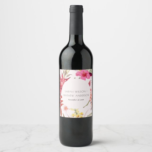 Rótulo De Garrafa De Cerveja Casamento Floral Tropical Boho Lively Red Blush (Frente)