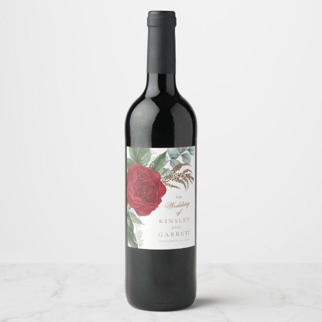 Rótulo De Garrafa De Cerveja Casamento Floral Vermelho com Script Dourado Elega (Frente)