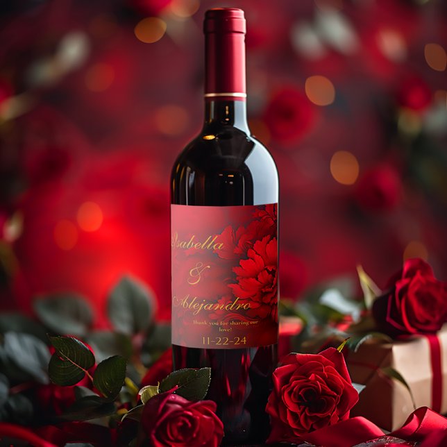 Rótulo De Garrafa De Cerveja Casamento Floral Vermelho e Elegante Burgundy (Elegant Burgundy Red Rose Wedding Wine Labels)