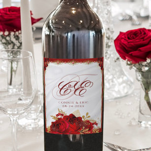 Rótulo De Garrafa De Cerveja Casamento Floral Vermelho Monograma de Script Eleg