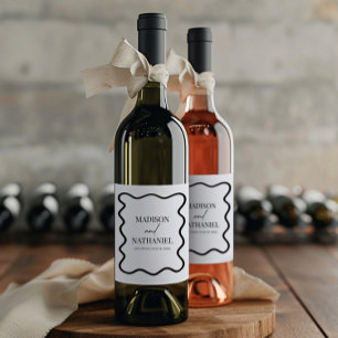 Rótulo De Garrafa De Cerveja Casamento Fronteira Ondulada Elegante Preto Branco