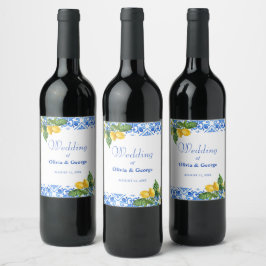 Rótulo De Garrafa De Cerveja Casamento mediterrânico de azulejos azuis e limões