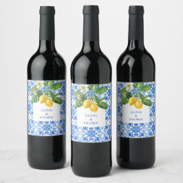 Rótulo De Garrafa De Cerveja Casamento mediterrânico de azulejos azuis e limões