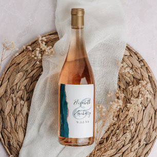 Rótulo De Garrafa De Cerveja Casamento Moderno Azul Turquesa Rosa Dourado Ágata