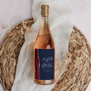 Rótulo De Garrafa De Cerveja Casamento Moderno Burgundy Prata Ágata Azul Marinh