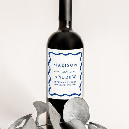 Rótulo De Garrafa De Cerveja Casamento Moderno com Moldura Ondulada Azul
