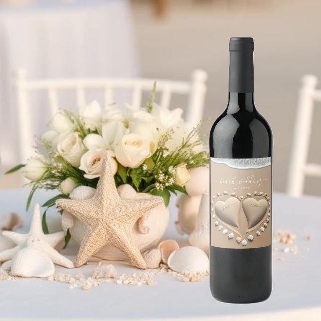 Rótulo De Garrafa De Cerveja Casamento na Praia Corações de Areia (Beach Wedding Sand Hearts Wine Label)