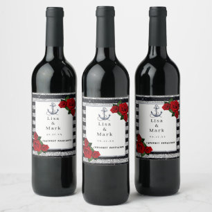 Rótulo De Garrafa De Cerveja Casamento Náutico de Stripes Negras de Anchor