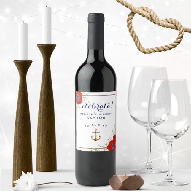 Rótulo De Garrafa De Cerveja Casamento Náutico Vermelho, Branco e Azul (Personalized Nautical Wedding Wine Labels with Red Watercolor Anemone)