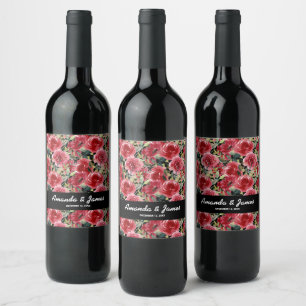 Rótulo De Garrafa De Cerveja Casamento Negro das Flores Vermelhas Elegante