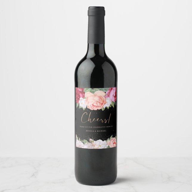 Rótulo De Garrafa De Cerveja Casamento Negro Rosa-Rosa Floral Elegante Obrigado (Frente)