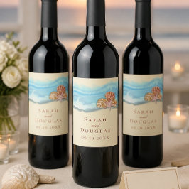 Rótulo De Garrafa De Cerveja Casamento Onda do Oceano Azul Romântica & Conchas