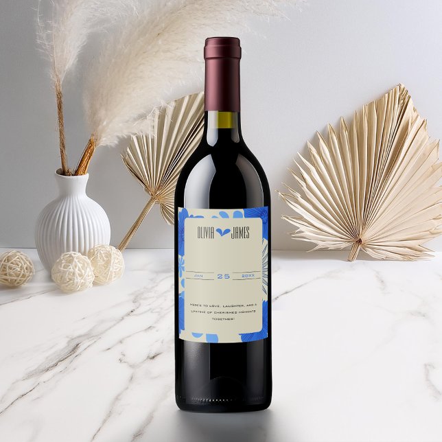 Rótulo De Garrafa De Cerveja Casamento Romântico Azul Floral (Criador carregado)