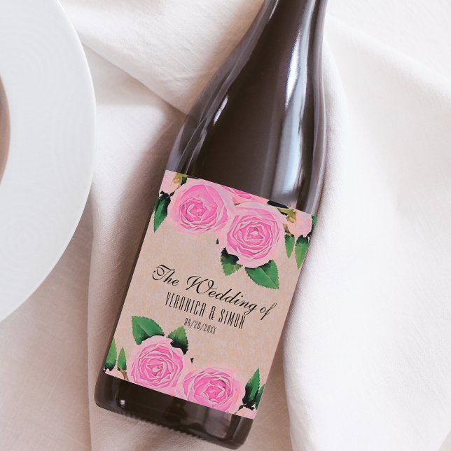 Rótulo De Garrafa De Cerveja Casamento Romântico de Rosas Rosa de Aquarela (Criador carregado)