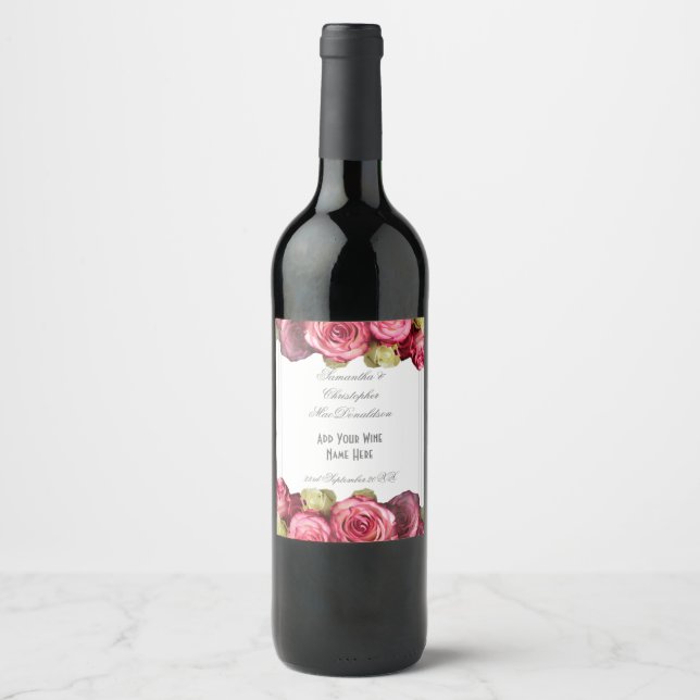 Rótulo De Garrafa De Cerveja Casamento rosa rosa com buquê floral (Frente)