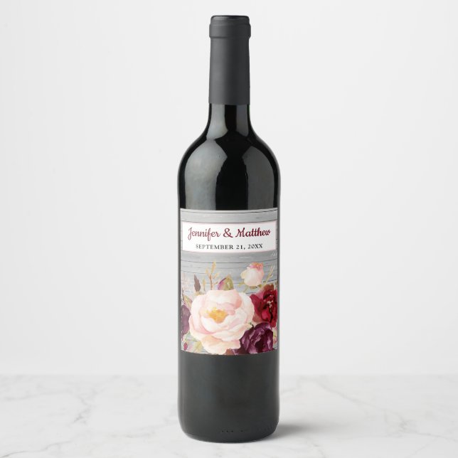 Rótulo De Garrafa De Cerveja Casamento Russo Floral Burgundy Blush (Frente)