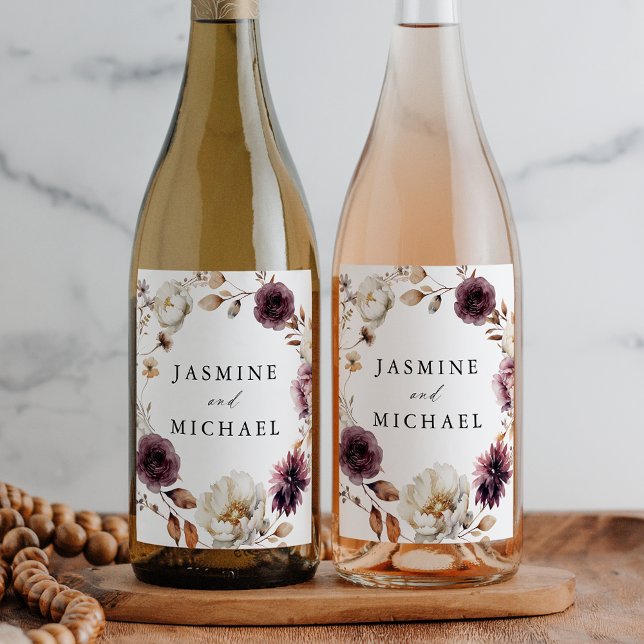 Rótulo De Garrafa De Cerveja Casamento Rustic Autumn Marsala Floral Wreath (Criador carregado)