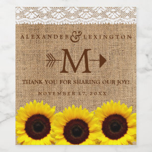 Rótulo De Garrafa De Cerveja Casamento Rustic Country Sunflower Burlap Monogram