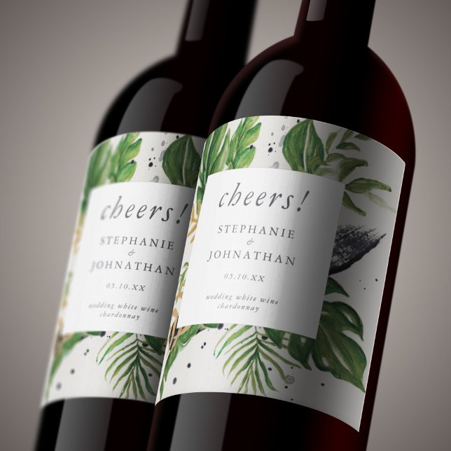 Rótulo De Garrafa De Cerveja Casamento Tropical Verde e Dourado de Aquarela (Green & Gold Watercolor Tropical Wedding Wine Label)