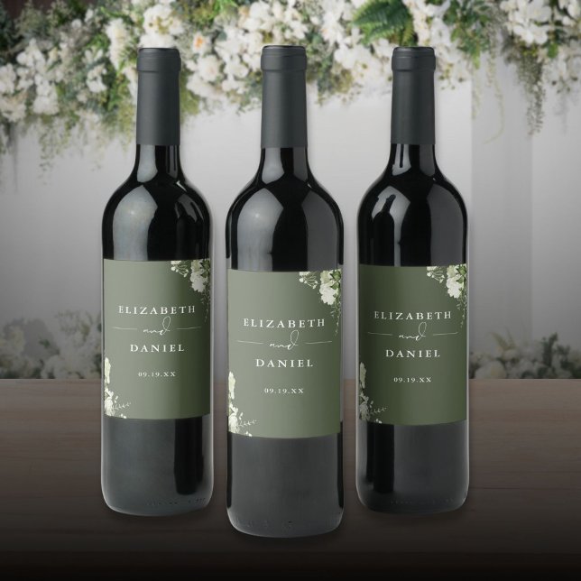 Rótulo De Garrafa De Cerveja Casamento Verde-Floral Verde-Elegante (Elegant Olive Green Floral Greenery Wedding Wine Label)