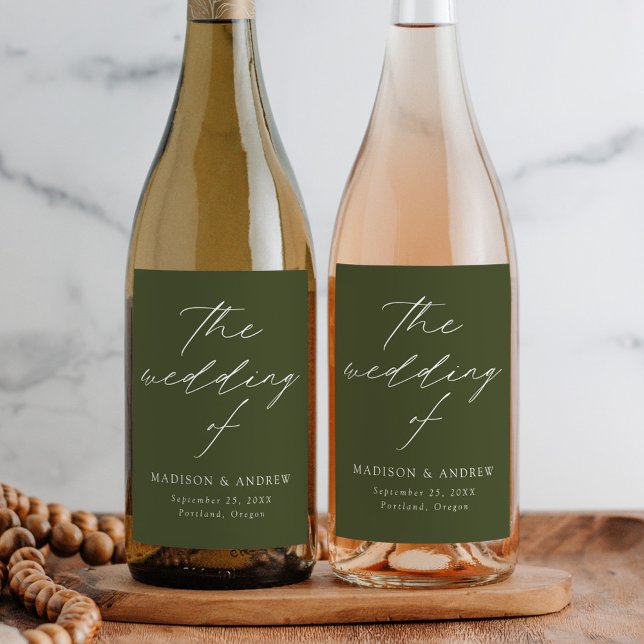 Rótulo De Garrafa De Cerveja Casamento Verde-Oliva com Script Elegante Moderno (Criador carregado)