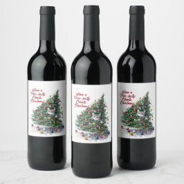 Rótulo De Garrafa De Cerveja Cat Chaos Árvore de Natal Design Watercolor