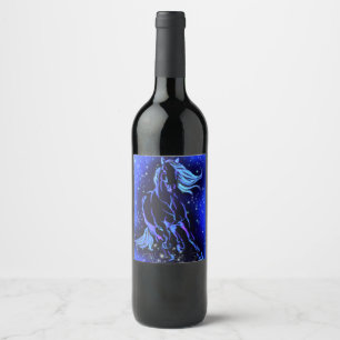 Rótulo De Garrafa De Cerveja Cavalo Azul Neon Correndo À Lua À Noite Estrelad