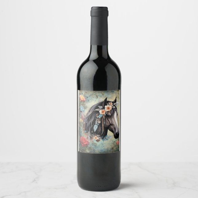 Rótulo De Garrafa De Cerveja Cavalo marrom em flores. (Frente)