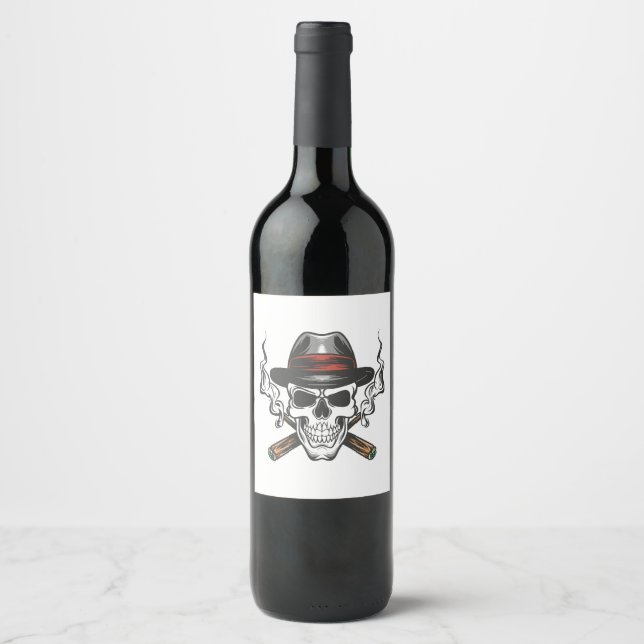 Rótulo De Garrafa De Cerveja Caveira de gângster com chapéu fedora (Frente)