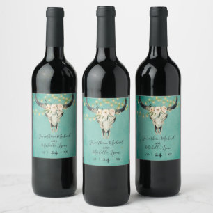 Rótulo De Garrafa De Cerveja Caveira Floral Boho, Luzes de Corda Casamento Turq